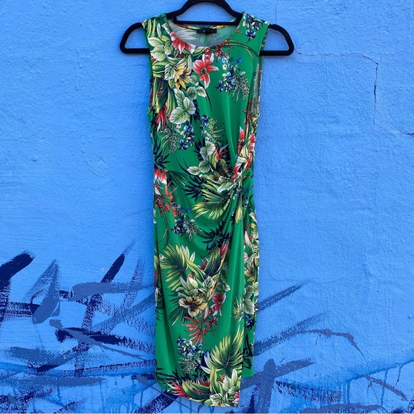 Tropical flower green sleeveless dress side slit size medium - Picture 3 of 12